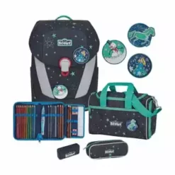 Scout® Ranzenset Sunny II LED Sternenhimmel, 4-teilig Dunkelblau/ Türkis/ Silber