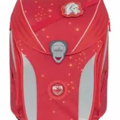 DerDieDas® Schulranzen-Set, 5-teilig, Gepolsterte Schultergurte, Druckknopfverschluss, Volumen 22 L, Für Mädchen Rot